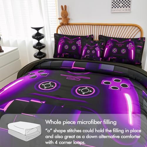 PERFEMET 6 Pieces Bed in A Bag Gamer Comforter Set Full Size Purple Gaming Bedding Set for Boys Kids Teen Soft Lightweight Video Game Black Quilt Bedspread Set(Purple, Full) - Image 6