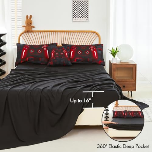 PERFEMET 6-Piece Boys Comforter Set Full Size Game Console Bedding Set for Kids Teen 3D Black and Red Gamepad Gaming Bed in a Bag Matching Sheet Set(Red, Full) - Image 5
