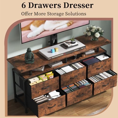 Rustic Brown TV Stand with Mount for 32/45/55/60/65/75 inch TVs, Entertainment Center with 6 Fabric Drawers & Open Shelf, TV Media Console for Living Room, Bedroom - Image 4