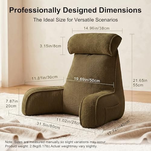 Bed Rest Reading Pillow with Arms & Detachable Headrest, Corduroy Backrest Cushion with Side Pockets & Washable Cover, Support Pillow for Sitting Up in Bed & Sofa Relaxing, Martini Olive - Image 4