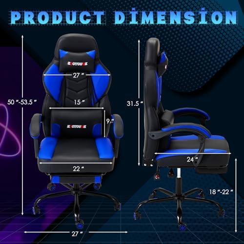 ECOTOUGE Blue Big and Tall Ergonomic Massage Gaming Chair with Footrest | Lumbar Support, Reclining High Back, 360° Swivel, Computer Chair, Sturdy, Comfortable, Height Adjustable, for Gaming & Office - Image 3