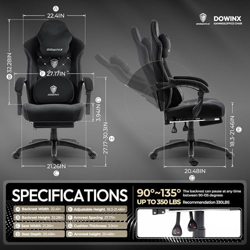 Dowinx Gaming Chair with Heated Massage Lumbar Support,Big and Tall Fabric Gaming Chairs for Adults with Footrest, Ergonomic Computer Game Chair with Poket Spring Cushions, 350lbs, Black and White - Image 3