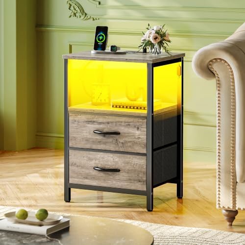 Huuger Night Stand with Charger Station and LED Lights, 2 Drawer Nightstand - Image 2