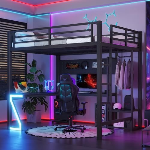 DNYN Metal Loft Bed with L-Shaped Desk and USB Ports for Teens/Adults Bedroom, Heavy-Duty Full Size Metal Bed Frame with Computer Tray/Peg Board/Gaming Style Z-Shaped LED, No Box Spring Needed - Image 6