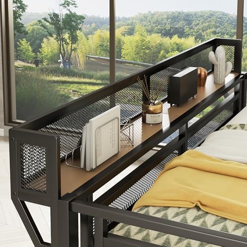 KEIKI Queen Size Metal Loft Bed Frame with Desk, Staircase, Built-in Storage Shelves and Wardrobe, Modern Loft Bed with Solid Slat, Guardrail, No Box Spring Required, Easy Assembly, for Bedroom, Black - Image 6