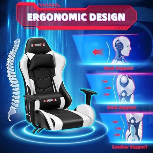 ECOTOUGE White Ergonomic PC Gaming Chair with Massage & Recline | Office Desk Chair, Racing PU Leather, Swivel Rocker, Headrest, Lumbar Pillow, Adjustable Height, Sturdy Base - Image 4