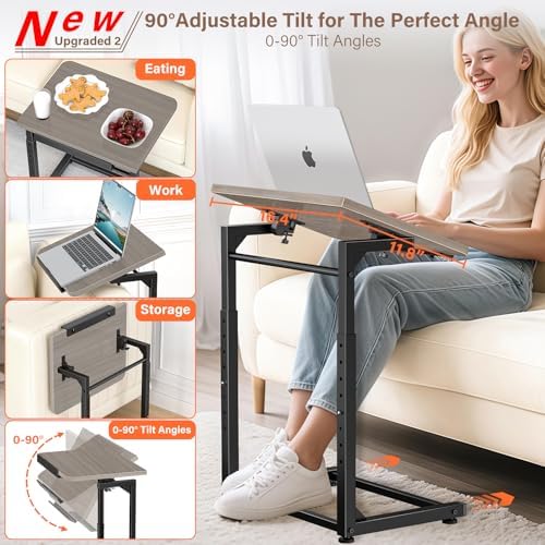 Tv Tray Table Set of 2, 8-Level Adjustable Height Couch Side Table，90° Tilt Angle Adjustments C-Shaped End Table, with Phone & Tablet Slot Computer Desk for Sofa, Bed, Chair, Living Room（Lvory Gray） - Image 3