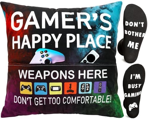 OCCdesign Gamer Gifts for Teenage Boys Men, Gaming Room Decoration, Gamer Pillow Cover and Game Socks Gifts Set, Christmas Stocking Stuffers Ideas for Teens Boys Girls Men Father Boyfriends 18" x 18" by OCCdesign