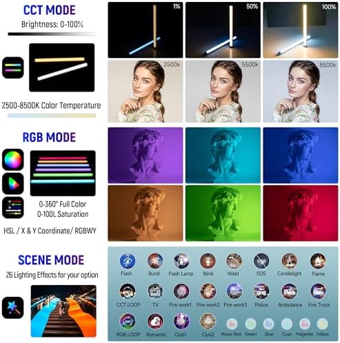 VILTROX K60 2 Pack Large Handheld Stick Light, 32Wh Rechargeable Battery 20W 1950lm RGB LED Video Light w PD Fast Charging CRI 97+ 2500K-8500K LCD Display, 22.8" Tube Light for Photography Light Wand - Image 6