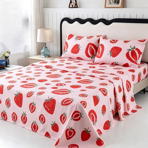 SDIII 4PCS Pink Strawberry Sheets Set Twin, Soft Microfiber Strawberry Sheets Twin Size, Cute Fruit Bedding Sheet Set for Girls Boys Kids and Teens by SDIII