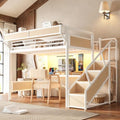 KEIKI Queen Size Metal Loft Bed Frame with Storage Staircase, Desk, White by KEIKI