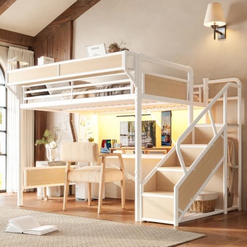 KEIKI Queen Size Metal Loft Bed Frame with Storage Staircase, Desk, White by KEIKI