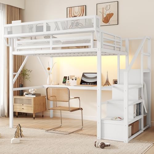 KEIKI Full Size Metal Loft Bed Frame with Desk, Staircase, Built-in Storage Shelves and Wardrobe, Modern Loft Bed with Solid Slats, Guardrail, No Box Spring Required, Easy Assembly, for Bedroom, White by KEIKI