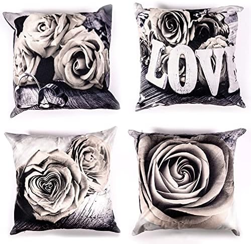 Set of 4 Rose Flower Decorative Throw Pillow Covers 20x20” Beige Cream Flower Pattern Pillow Cases Square Sofa Bed Home Decor Vintage Floral Pillow Cushion Cases Cotton Linen Outdoor Home Decorative by YOOOAHU