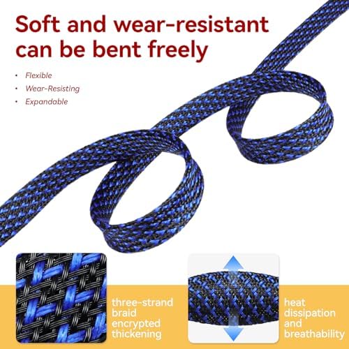 Braided Cable Sleeve, 16.4ft Expandable Mesh Cable Management Sleeve, Wear-Resistant Cord Protectors from Pets No Chew Flexible Wire Sleeving for Audio Video (Blue and Black, 1/2") - Image 3