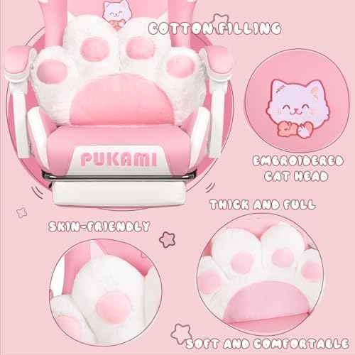 PUKAMI Pink Gaming Chair Cute with Cat Ears and Cat Paw Lumbar Cushion, Ergonomic Computer Chair for Girl with Footrest and Headrest, Comfortable Reclining PC Game Chair for Adult, Teen (Pink) - Image 4