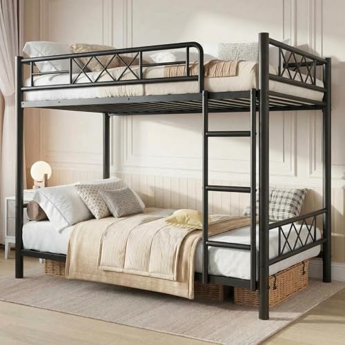 Garvee Bunk Bed Twin Over Twin for Adults & Teens, Heavy Duty 2-Tier Bed with Stairs, Full-Length Guardrail & Metal Slats, No Box Spring Required, Space Saving, Matte Black by Garvee