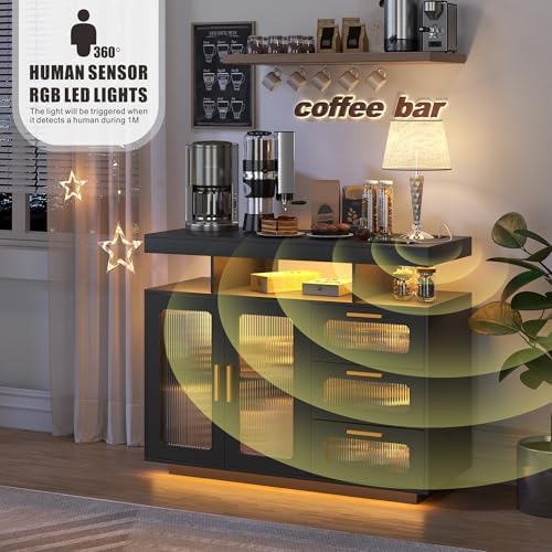 HWB Coffee Bar Cabinet with RGB Light & Charging Station, Black - Image 4