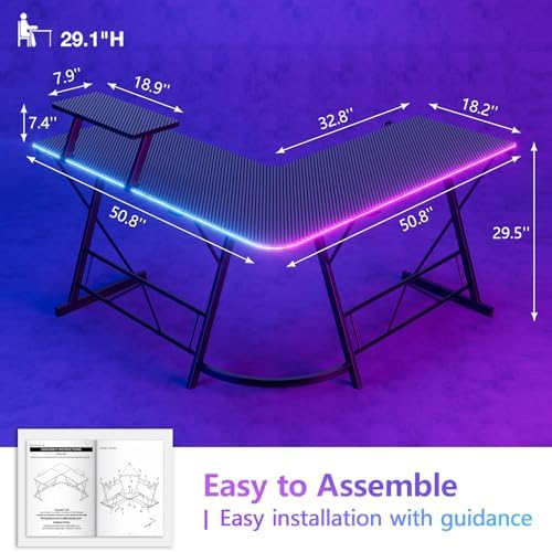 Mr IRONSTONE Gaming Desk with LED Lights, L Shaped Desk Corner with Cup Holder & Headphone Hook, Computer Desk Home Office Desks with Large Monitor Stand, Carbon Fiber Surface, Black 51 Inch - Image 3