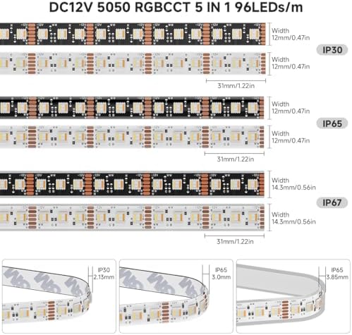 BTF-LIGHTING RGBCCT LED Strip UL Listed 16.4ft 96LED/m 300LED DC12V IP67 - Image 5