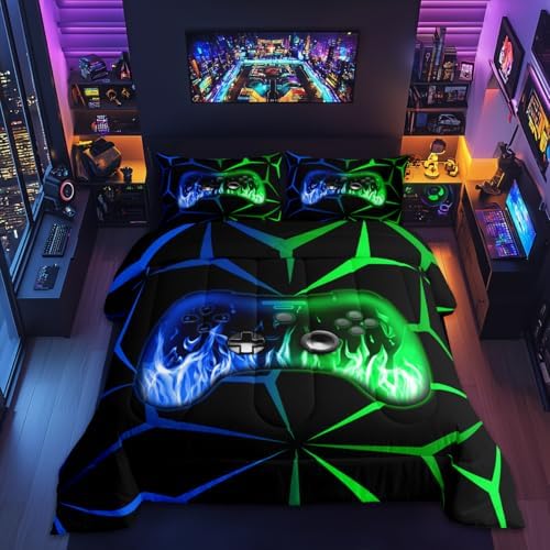 Feelyou Gamer Comforter Set for Kids Boys,3D Video Gaming Bedding Set Queen Size,Teens Bedroom Room Decor,Green and Blue Game Contoller Comforter,Geometric Game Bed Set All Season for Game Lovers by Feelyou