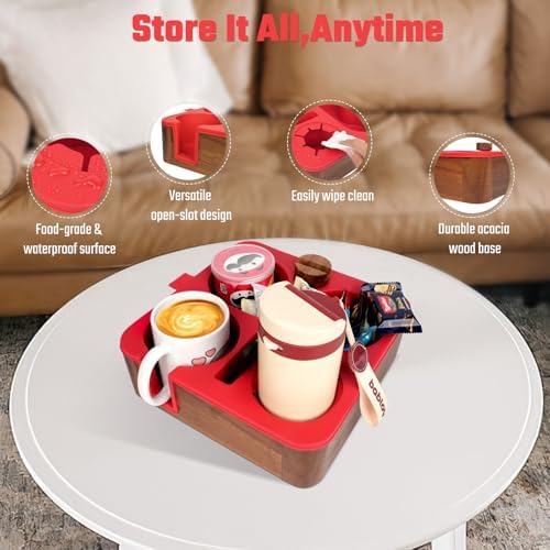 Couch Cup Holder Tray, Real Acacia Wooden Caddy with Soft Silicone, Snack and Drink Organizer- Perfect Movie Night Accessories for Bed, Remote and Cup Holders for Sofa (Red) - Image 2