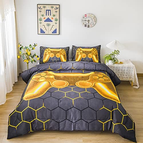 NTBED Game Console Comforter Set for Boys Girls Kids Geometric Lightweight Microfiber Bedding Sets (Gold, Full) by NTBED