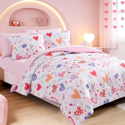 Girls Twin Bedding Set - 5 Pieces Heart Pattern Twin Comforter Set for Kids - Image 2