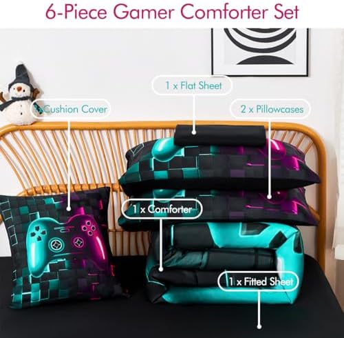 PERFEMET Gamer Boys Queen Comforter Set 6 Pieces Purple Teal Kids Bed Set - Image 3