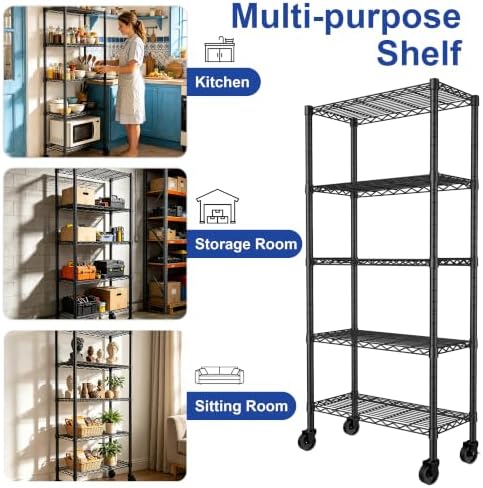 REGILLER 5-Wire Shelving Metal Storage Rack Adjustable Shelves,Standing Storage Shelf Units for Laundry Bathroom Kitchen Pantry Closet(Black,14.1" D x 30" W x 82" H,With Wheels) - Image 6