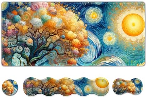 AIMSA Keyboard Mouse Pad Set, Large Gaming Mouse Pad + Wrist Rest + Mouse Pad with Wrist Support + Coaster, Easy Typing Pain Relief Desk Mat for Home Office, Starry Sky Tree by AIMSA