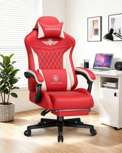 GTPLAYER Gaming Chair with Footrest, Big and Tall Game Chair High Back Computer Office Chair with Lumbar Support for Adults, Ergonomic Swivel Games Chair with Cushion Gaming, Leather Red by GTPLAYER