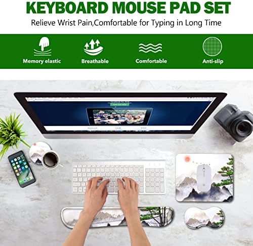 AIMSA Keyboard Wrist Rest Support + Mouse Pad + Mouse Wrist Rest + Coaster, Ergonomic Memory Foam Anti-Slip Rubber Base 4 PCS Set Easy Typing Pain Relief, Pine Tree Mountains - Image 2