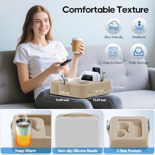 Couch Cup Holder Pillow, Sofa and Bed Organizer Caddy for iPad, Kindle, Switch, Game Controller, Remotes, Phones, Small-Sized Cup & Drink Holder for Couch, Bed, Desk, Car, Beach, Desk, Khaki - Image 5