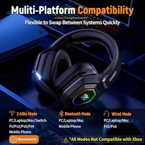 Ozeino Wireless Gaming Headset with Flip Microphone, RGB Lighting Gaming Headphones for PS5, PS4, PC - 2.4GHz USB & Type C Transmitter - Image 5