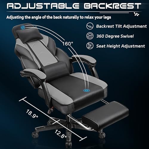 Gaming Chair for Adults, Grey Video Game Chair with Footrest, Big and Tall Gaming Chair Heavy Duty Computer Chair with Massage Lumbar, Ergonomic Adjustable Height and 360° Swivel, PU Leather, Grey - Image 4