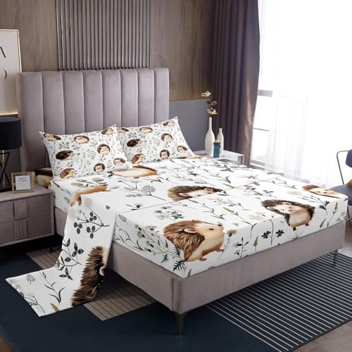 Erosebridal Cute Hedgehog King Size Sheet Set, Animal Pattern Sherpa, 4 Piece Set, Microfiber, Breathable, Unique Kawaii Leaves Branch Design Decor by Erosebridal