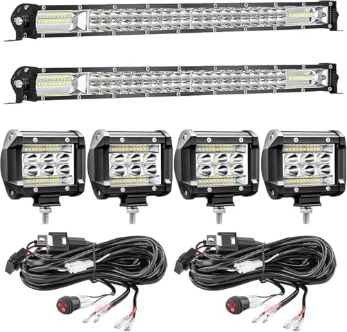 LED Light Bar Kit for Truck, (2) 20 Inch Slim Light Bars, (4) 4 Inch LED Pods, (2) 24V Wiring Harness, Waterproof Off Road Work Lights Fog Lights for ATV UTV Tractor 24V USE ONLY by SanYoung-AutomotiveLights