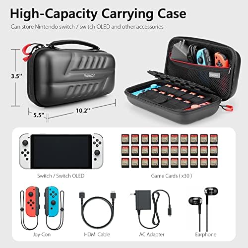 Vamson Carrying Case for Nintendo Switch/Switch OLED, Hard Shell Travel Protective Case Fit Original Charger AC Adapter Accessories, Storage Messenger Bag Backpack with Strap Holds 30 Game Cards VP816 - Image 2
