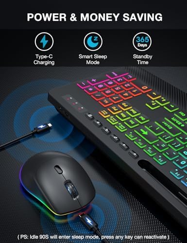 SABLUTE Wireless Keyboard and Mouse Combo, 9 Backlit Effects, Large Print - Image 7