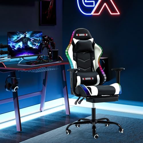 ECOTOUGE Racing Style RGB LED Lights Gaming Chair with Footrest | Video Game Chair for Adults and Kids, Lumbar Massage, High Back Reclining Computer Chair with Headrest, Black&White - Image 2