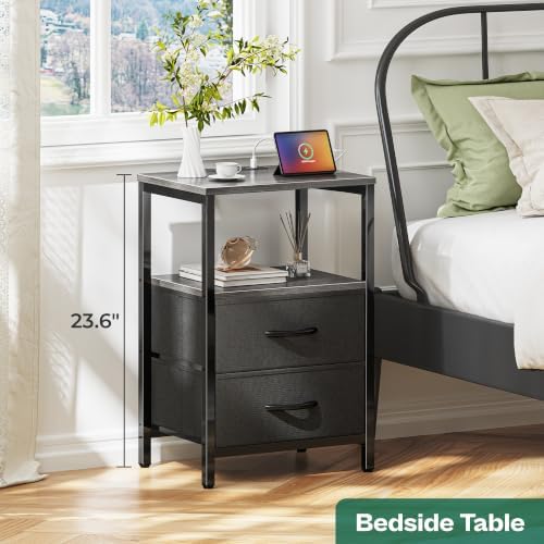 Huuger Nightstand with Charging Station, Side Table with Fabric Drawers, End Table with Open Shelf, Bedside Table with USB Ports and Outlets, Night Stand for Bedroom, Charcoal Gray - Image 2