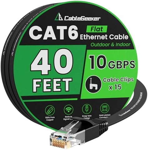 CableGeeker Cat 6 Flat Ethernet Cable 40ft, 10Gbps, Black by CableGeeker
