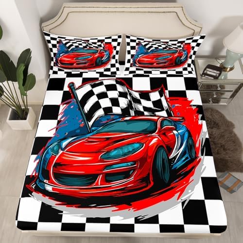 Racing Car Bedding Set Full Size, Cool Speed Race Car Bed Sheets for Kids Boys Teens Bedroom, Automobile Extreme Sport Sheet Set White Black Fitted Sheet Grid Buffalo Flat Sheet with 2 Pillow Cases - Image 2