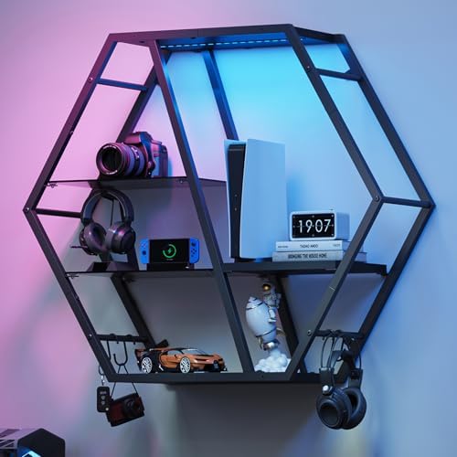 MAHANCRIS Gaming Floating Shelf with LED Lights and 4 Hooks by MAHANCRIS