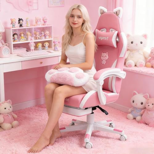 Vigosit Cat Ears Gaming Chair - Pink PU Leather Ergonomic Reclining Office Chair with Footrest, 310lb Capacity, 6-Position Recline, 360° Swivel - Image 3