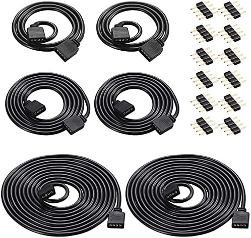 Honoson 6 Pieces 4 Pin RGB Extension Cable LED Strip Connector Cord Wire Cables Kit with 12 Pieces Pin Connector for 5050 3528 RGB LED Motorcycle Car Light Neon Strip Light(1.6、3.3 、6.6 ft,Black) by Honoson