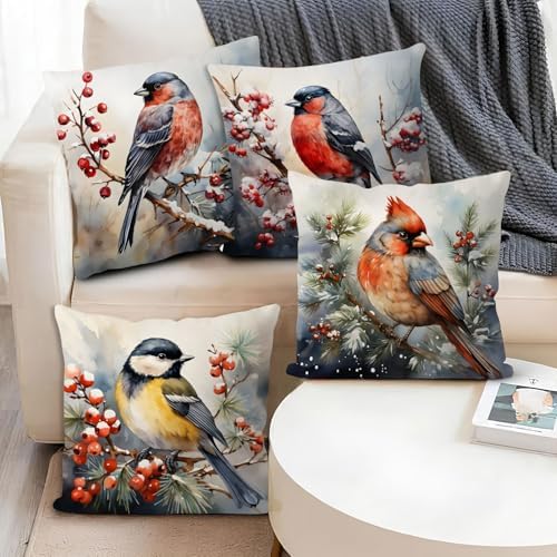 Christmas Birds Throw Pillow Covers Set of 4 Farmhouse Winter Nature Landscape Decorative Cushion Covers Vintage Snow Tree Red Cardinal Pillow Covers for Family Bed Sofa Couch Outdoor Home Decor 20x20 - Image 5