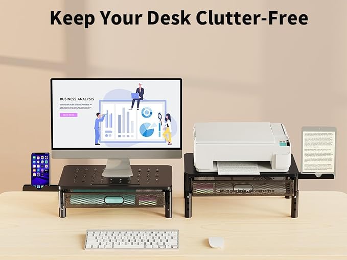 Zimilar 2 Pack Monitor Stand Riser with Metal Drawer, 3 Height Adjustable | Monitor Riser with Phone Holder for Printer, Laptop, Premium Metal Computer Monitor Stand with Storage for 2 Monitors - Image 2