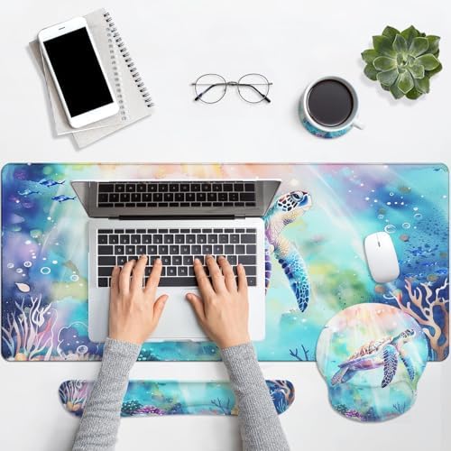 Arttown Keyboard Mouse Pad Set, 4 in 1 Desk Mat Set Sea Turtle - Image 7